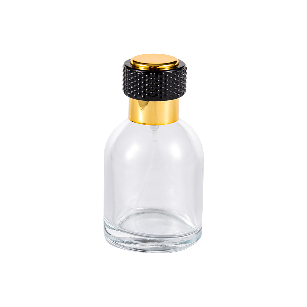GC3986-WJ816 50ML helder glazen parfumfles met UV-gouden plastic dop en zwart onderdeel