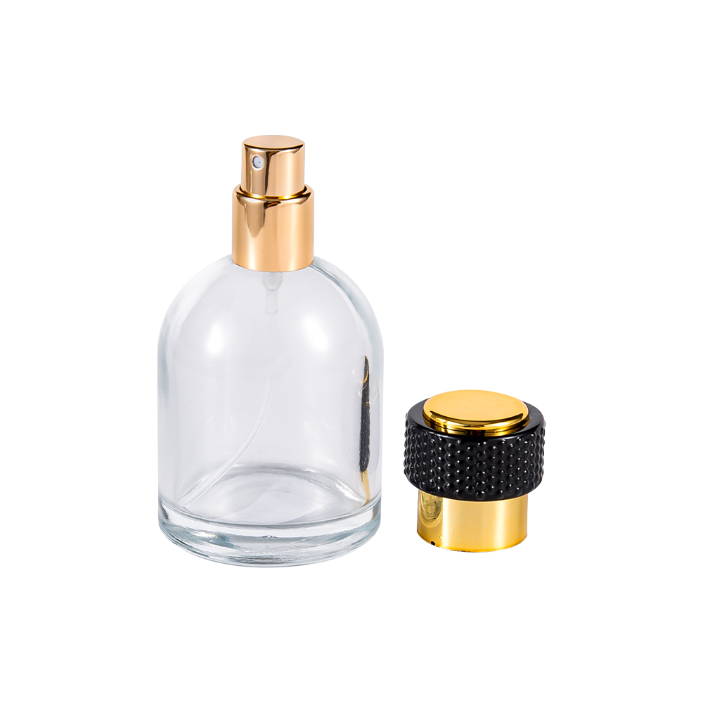 GC3986-WJ816 50ML helder glazen parfumfles met UV-gouden plastic dop en zwart onderdeel