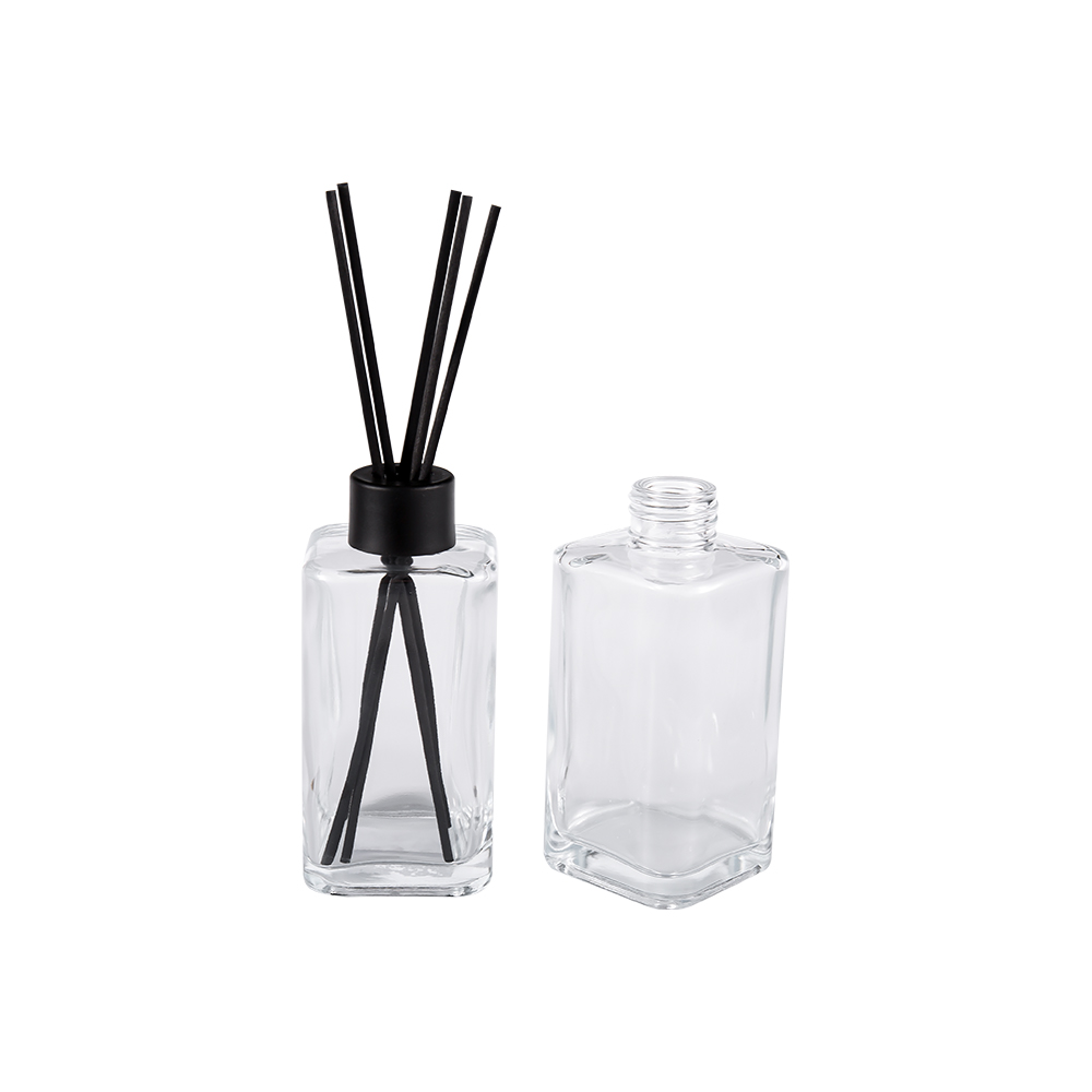 HJ-RX2247 Aromatherapiefles van helder glas, grote capaciteit, matzwarte flesdop, aluminium dop, vezelsticker