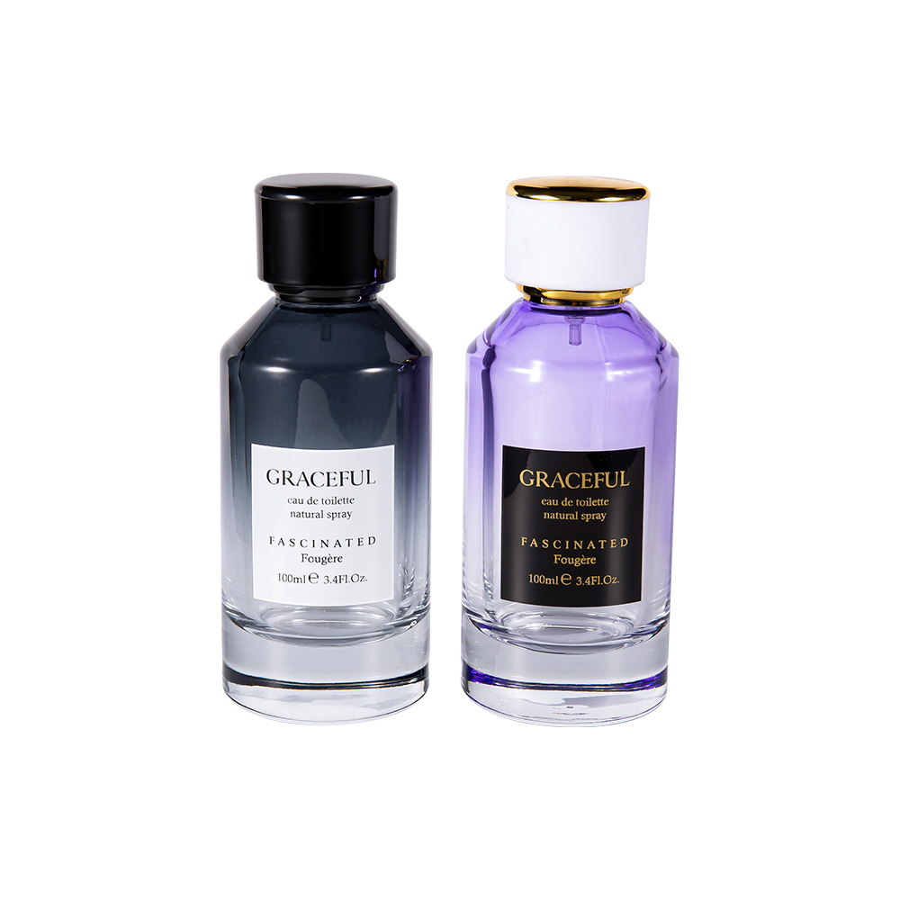 GC4418-WJ2098 100 ml kleurgecoat bedrukte glazen parfumfles met lederen ABS plastic dop en UV PP-voering