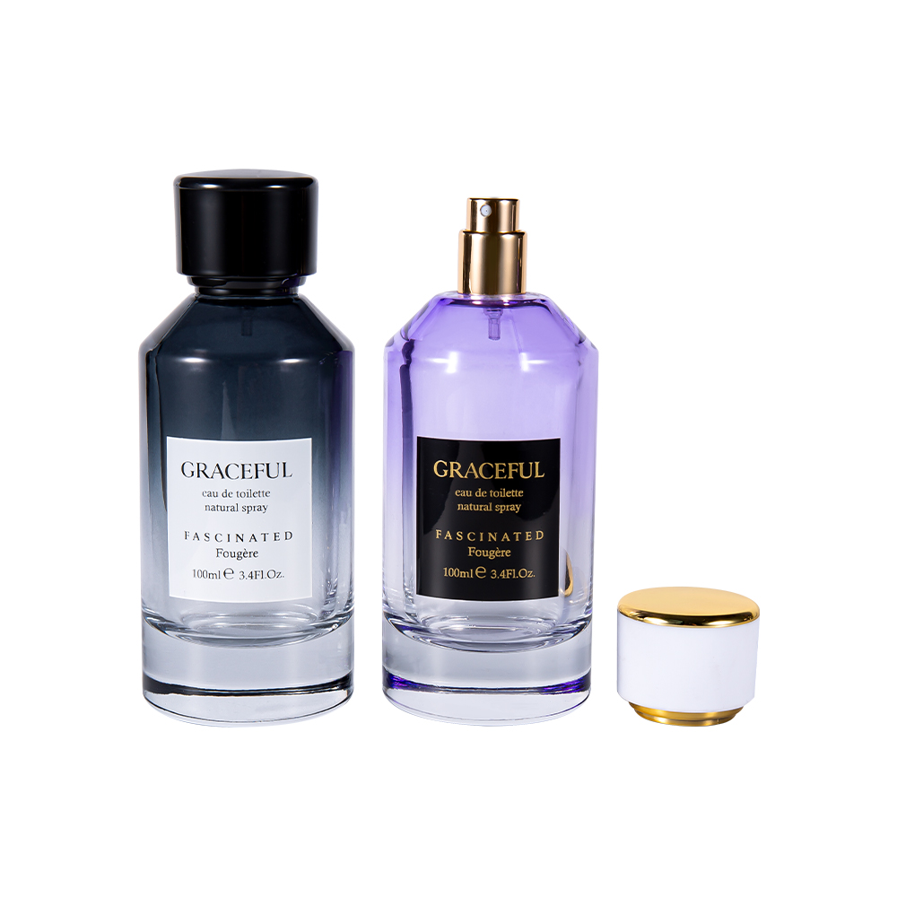 GC4418-WJ2098 100 ml kleurgecoat bedrukte glazen parfumfles met lederen ABS plastic dop en UV PP-voering