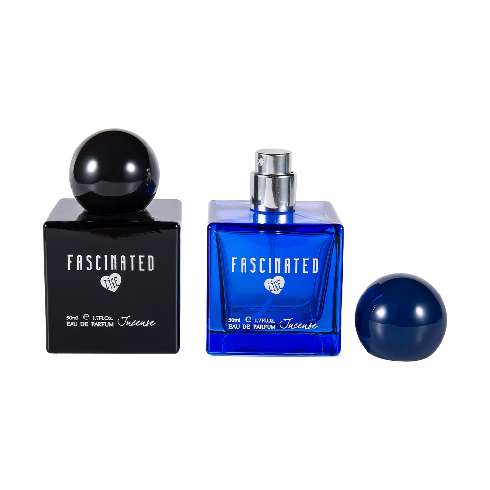 KY145-WJ2537 50ML kubus kleur bedrukte glazen parfumfles met bolvormige UV-plastic dop