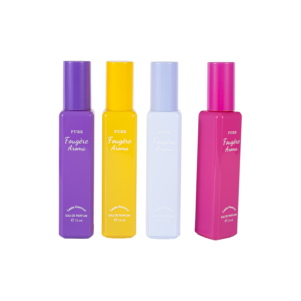 GC4222-WJ2369 15ML kleine capaciteit gecoate glazen parfumfles met kleurrijke PP-plastic dop