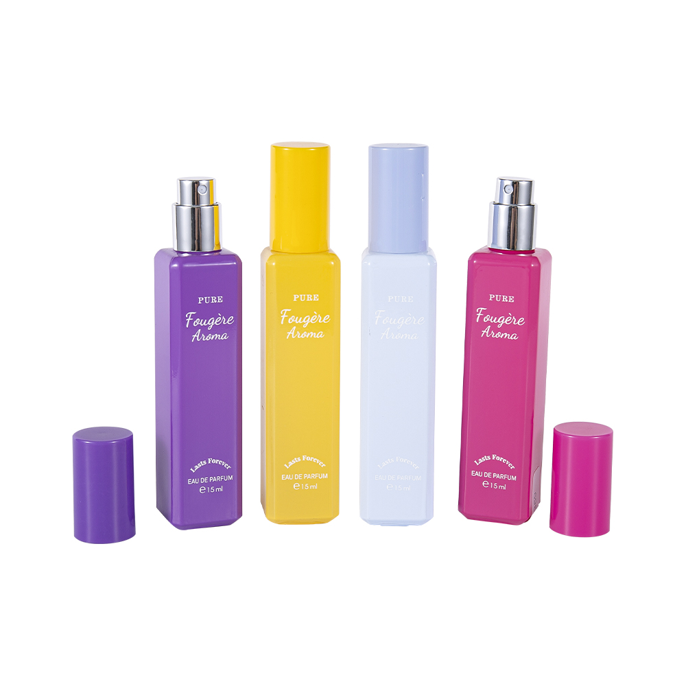 GC4222-WJ2369 15ML kleine capaciteit gecoate glazen parfumfles met kleurrijke PP-plastic dop