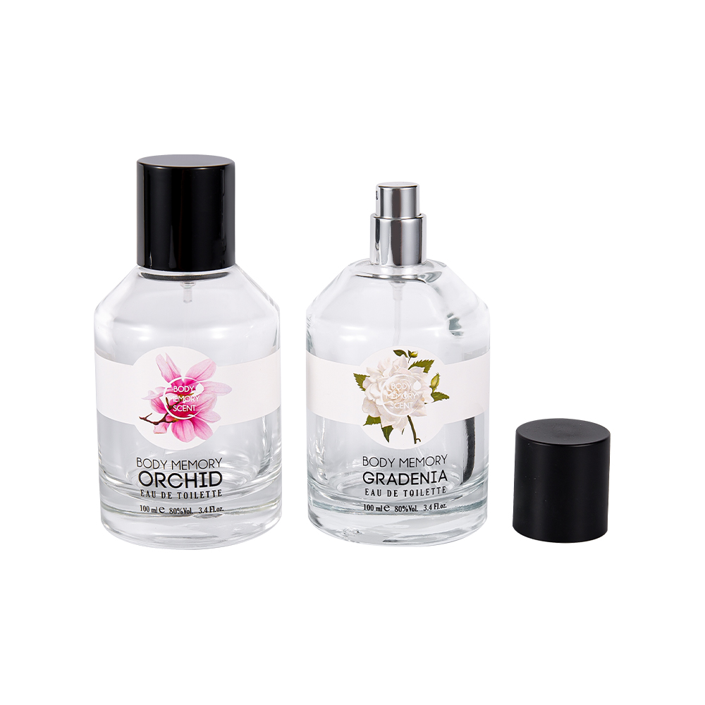 KY1603-WJ2388 100 ml bedrukte sticker glazen parfumfles met cilindrische glanzende matzwarte PP-dop